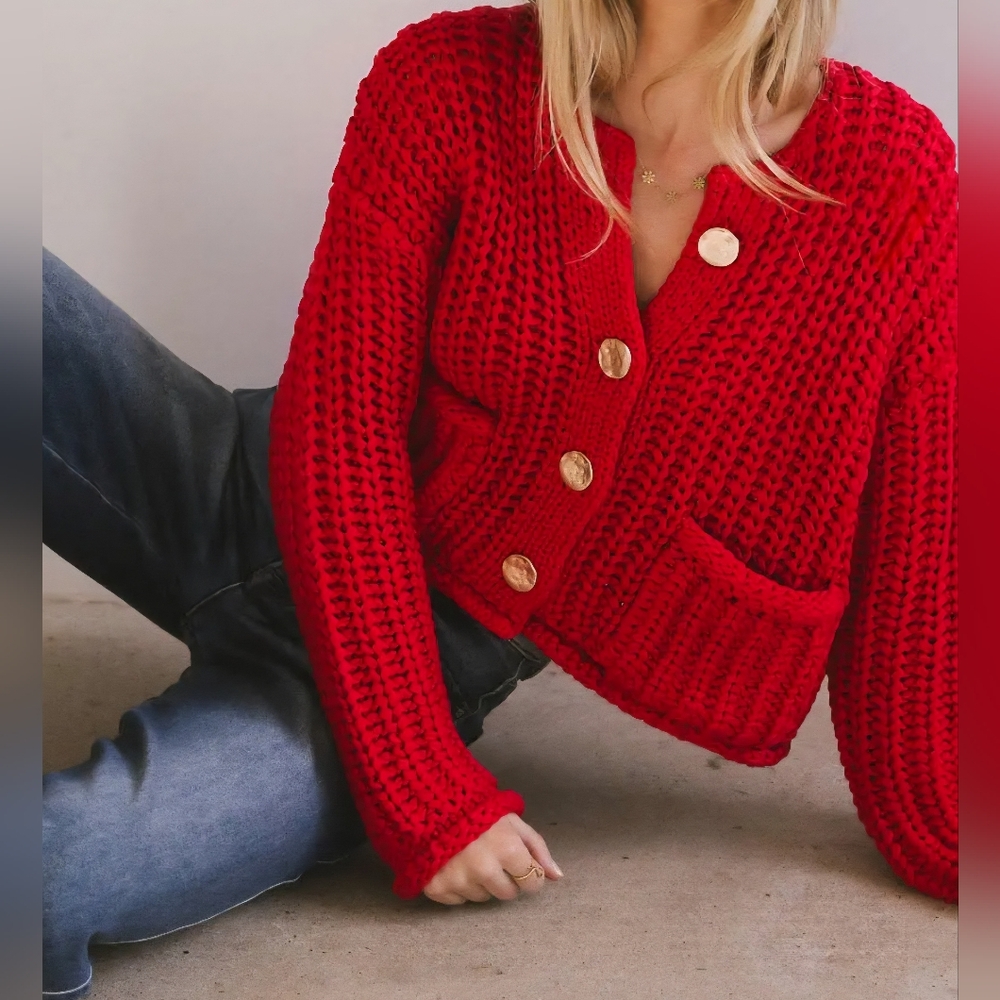 $76 Aaron & Amber Chunky Knit Cropped Oversized Cardigan Women L Metal Buttons